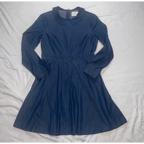 SOLID & STRIPED Dresses & Skirts - Solid & Striped Dress Size M Blue Chambray Cotton Fit-Flared Long Sleeve Collar